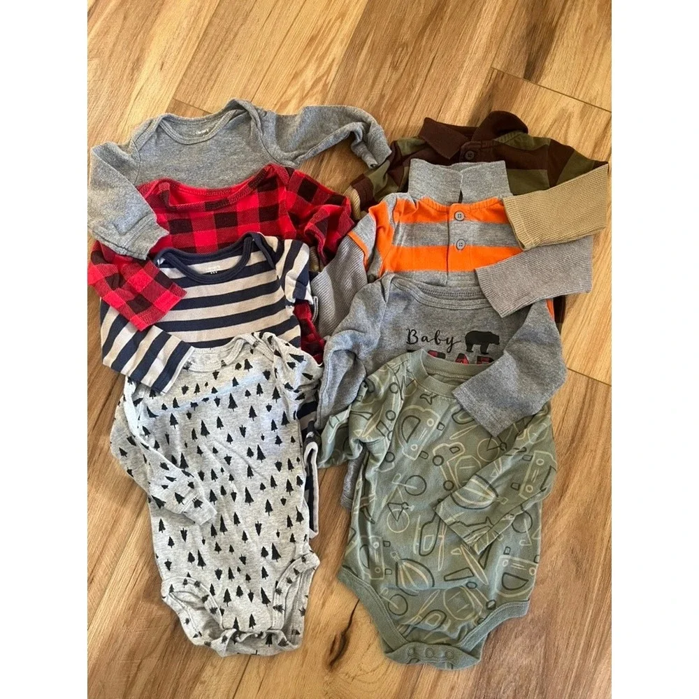 Carters Baby Boys Long Sleeve‎ Bodysuit Shirt Lot 7pc Plaid Stripe Tree 6-9M